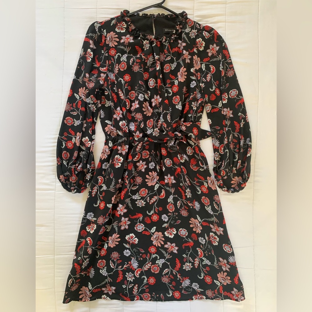 Banana Republic Black and Red Floral Dress with Side Tie Accent, Petite Sz 2